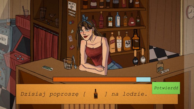 A dialogue where the player has to click on an alcohol in the environment