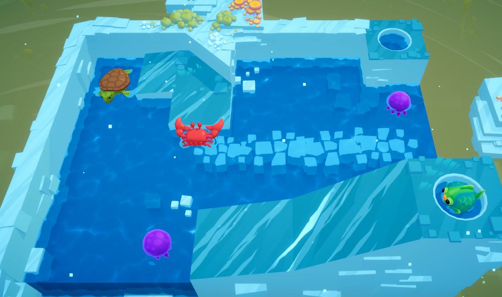 Golfish level later in the game: a timed jump, a bounce off a jellyfish onto a turtle, then a 90 degree bounce off a crab
