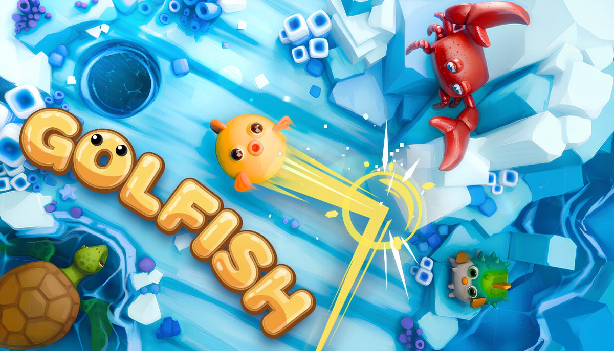 Golfish key art: a goldfish launched across an icy course