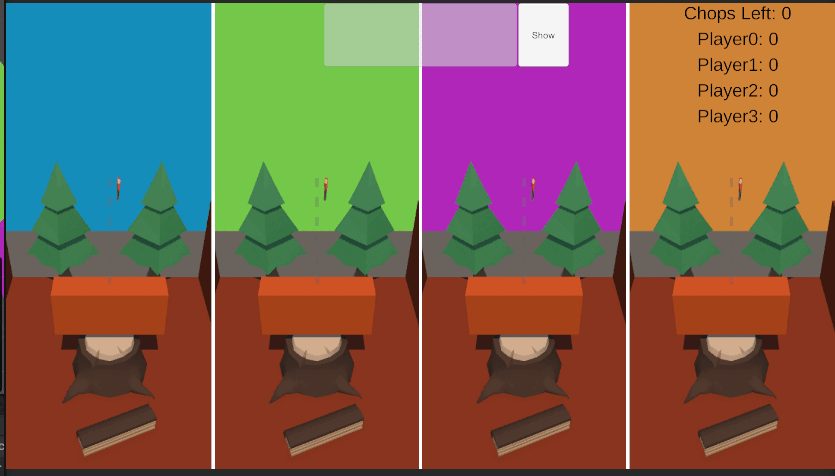 Early blockout: four identical chopping arenas, one per player