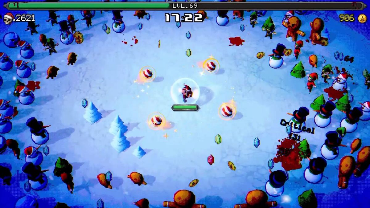 A late run with the player surrounded by enemies on all sides